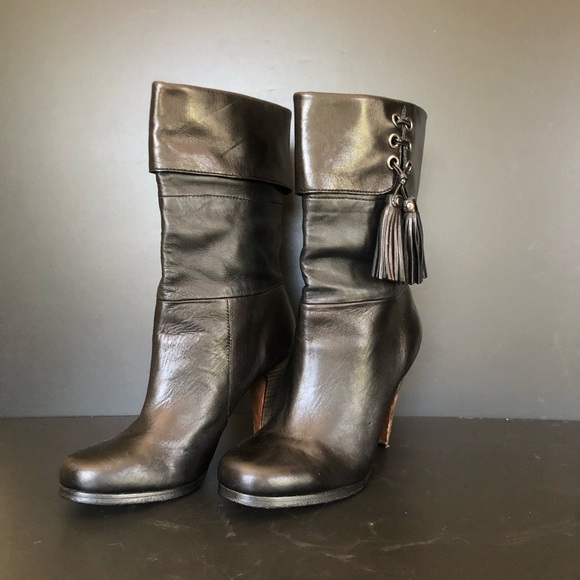 Coach Legra Black Soft Leather Heeled Ankle Boots Size 7.5 Tassel Wooden Heel - Picture 1 of 10